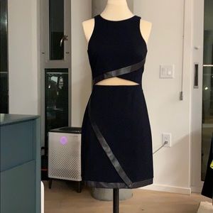 Navy dress with sheer and faux leather detail